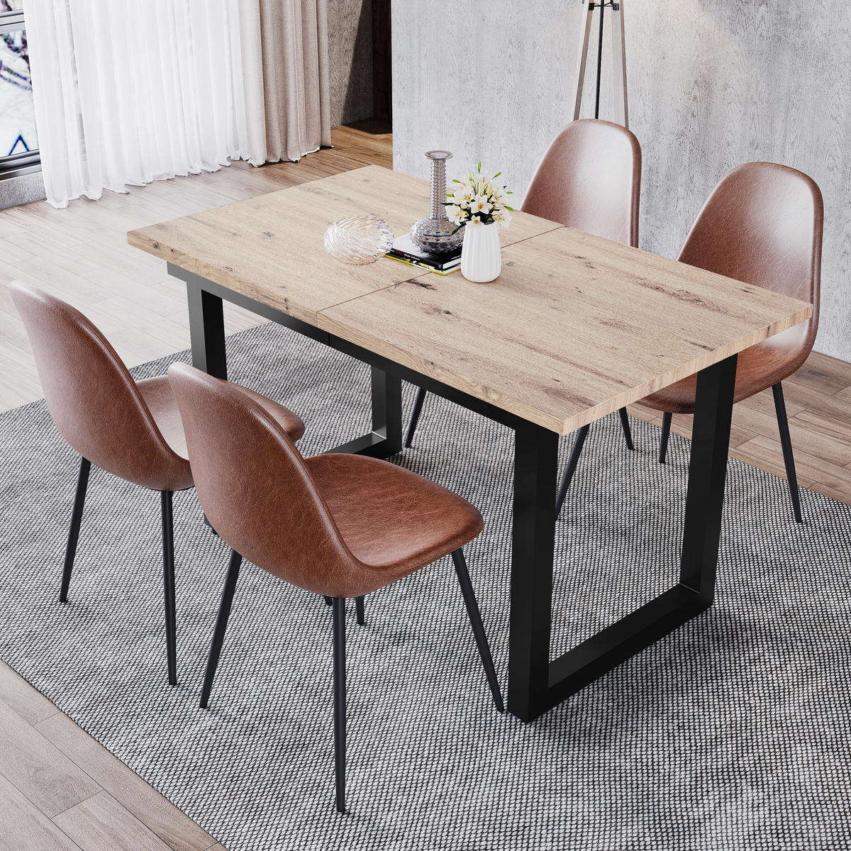 ROZKLÁDACÍ jídelní stůl 140/180x80x75 cm s industriálním designem, stabilní kovovou konstrukcí a úsporným provedením, Černá + přírodní - barva dubu, kompozitní dřevo (180/80/75cm) - Redom