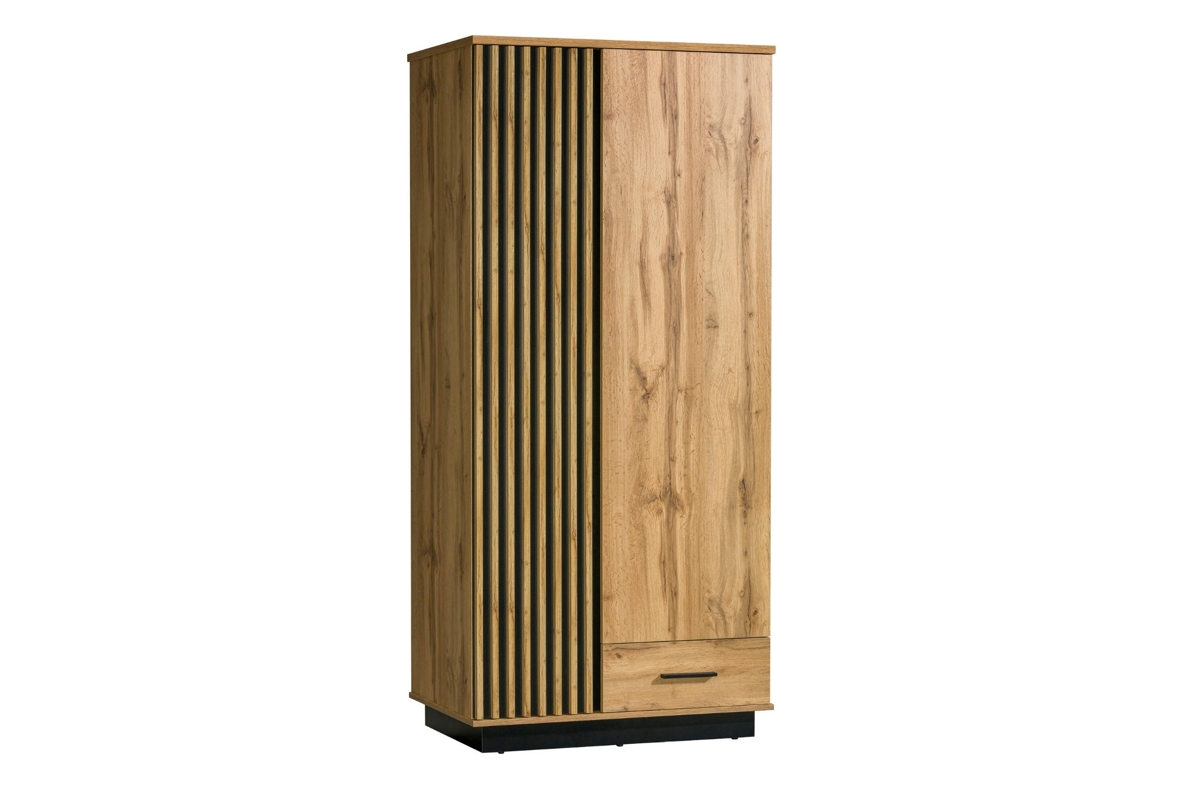KLEIDERSCHRANK LAMI 1 90/194/52 cm in Wotan Eiche / Schwarz Matt mit Lamellen - Eiche Wotan/Schwarz, Holzwerkstoff (90/194/52cm) - Deine Möbel 24