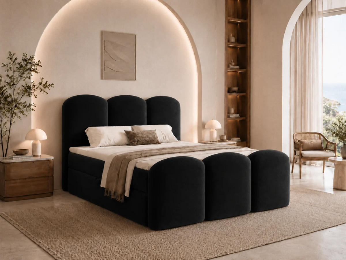 BOXBETT ROYAL 160x200 cm in Schwarz, Bettkasten, Topper, Velvet-Stoff - Schwarz, Holz/Textil (160/200cm) - EMLAR Home