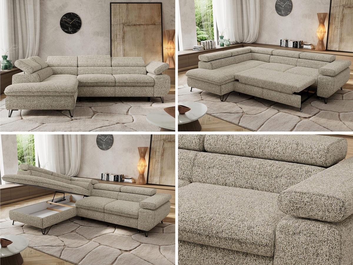 ECKSOFA PABLO L Beige Struktur - Links Seite mit Visco Topper - Beige/Schwarz, Textil/Metall (208/273cm) - MKS