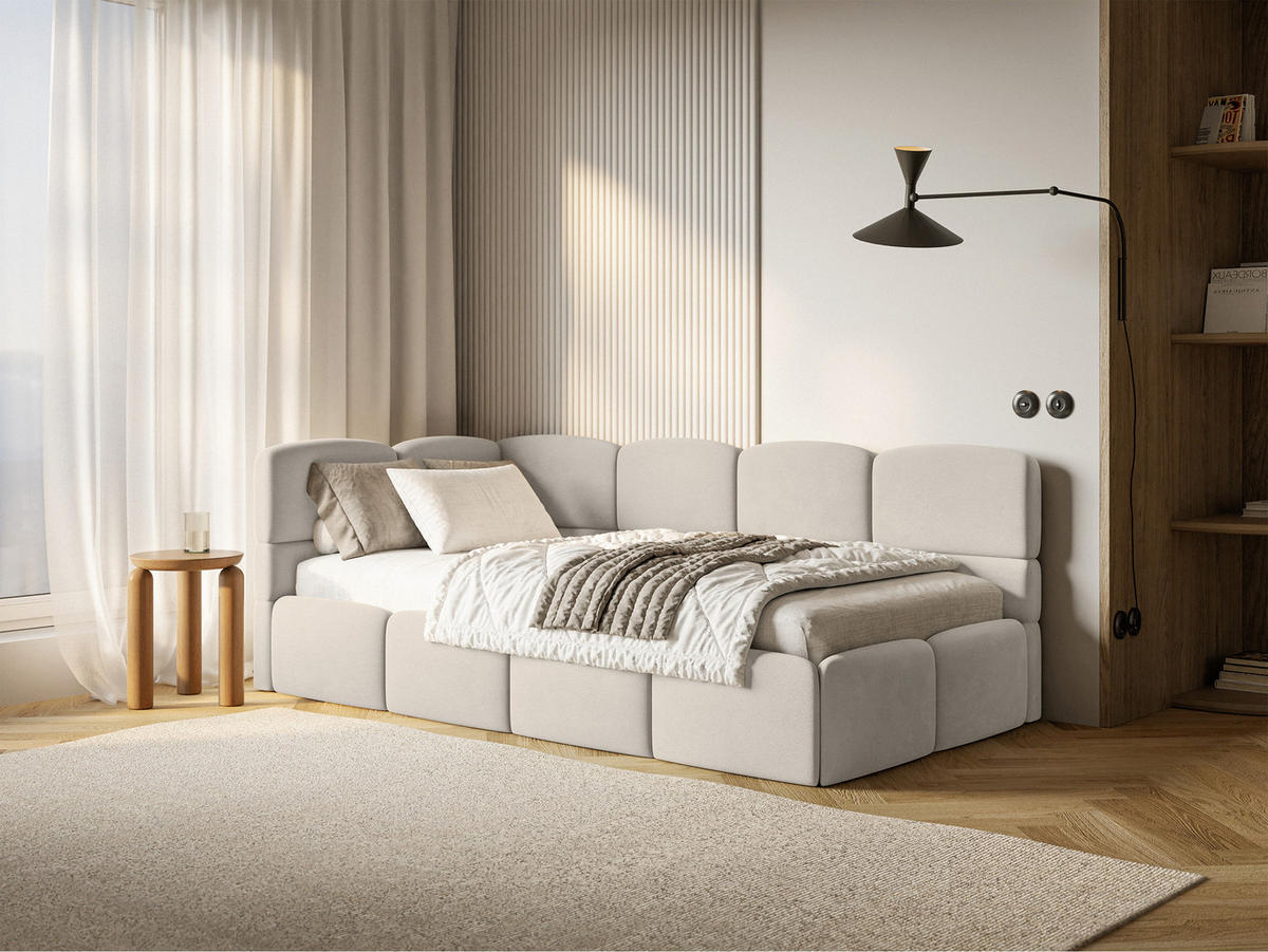 ŠTUDENTSKÁ POSTEĽ Cloudy svetlobéžová 90x200 cm, s matracom, záhlavie vľavo, zamat - čierna/écru, textil/plast (90/200cm) - Selsey