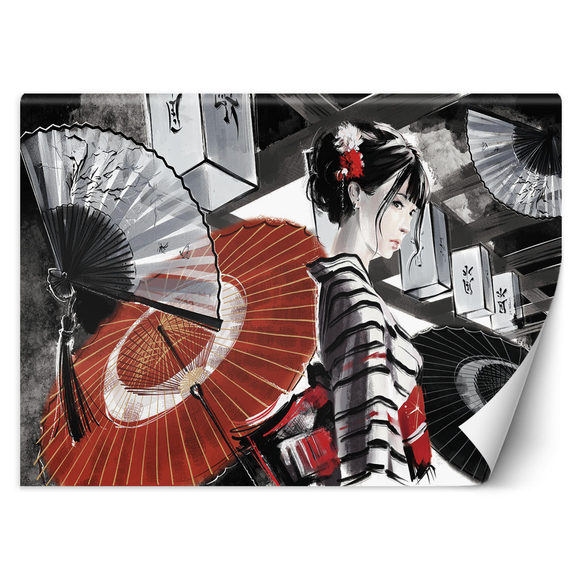FOTOTAPETE, Geisha Fan Handgemalt Rot Grau - Grau, Papier (368/254cm) - Feeby