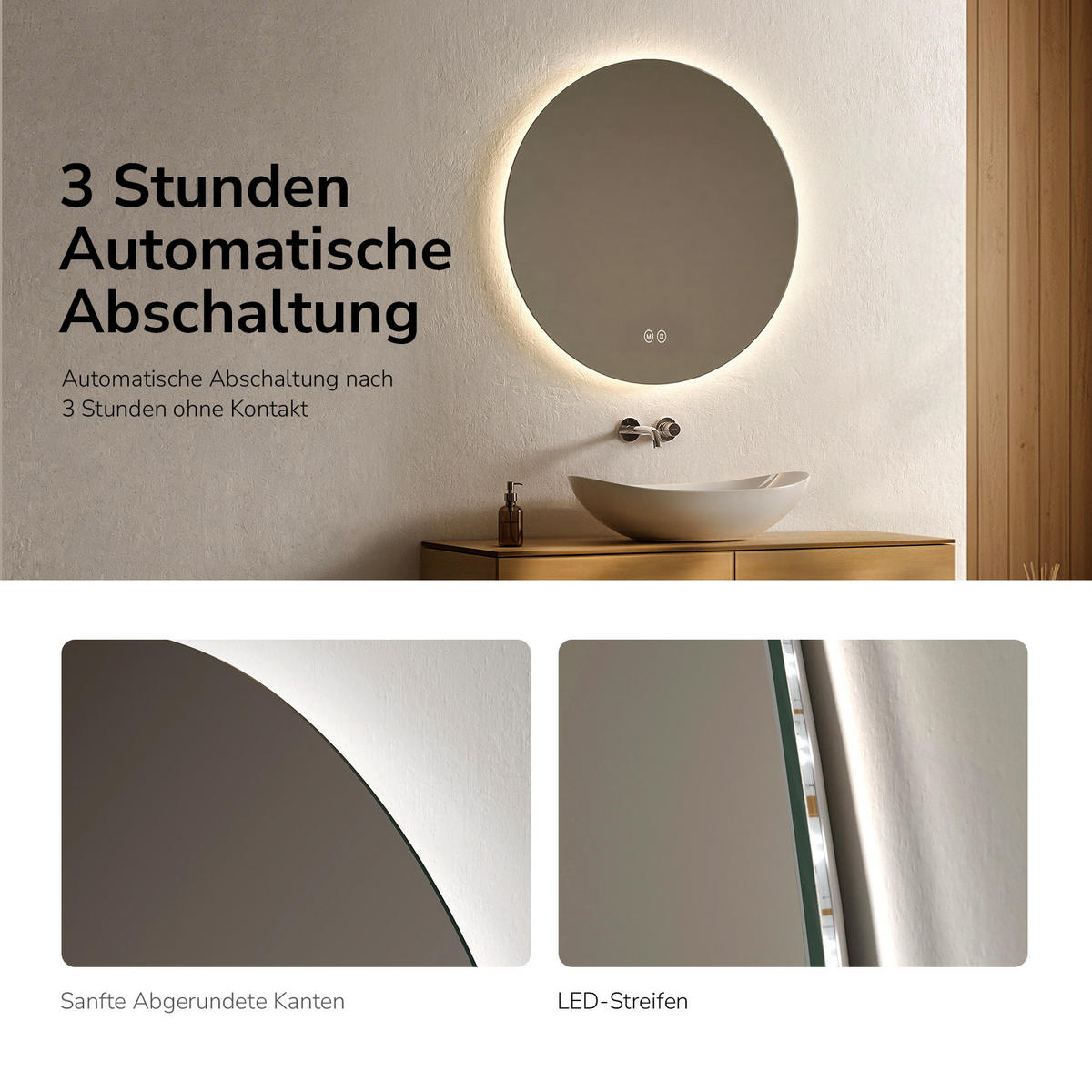 BADSPIEGEL rund mit Beleuchtung rahmenlos Ø80 cm - Weiß, Glas (80/2/80cm) - EMKE