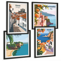 BILDER SET 4er Set - 50x50 cm & 40x60 cm Schwarzer Rahmen - Retro-Illustrationen von Weltstädten - Schwarz, Kunststoff (50/50cm) - TULUP