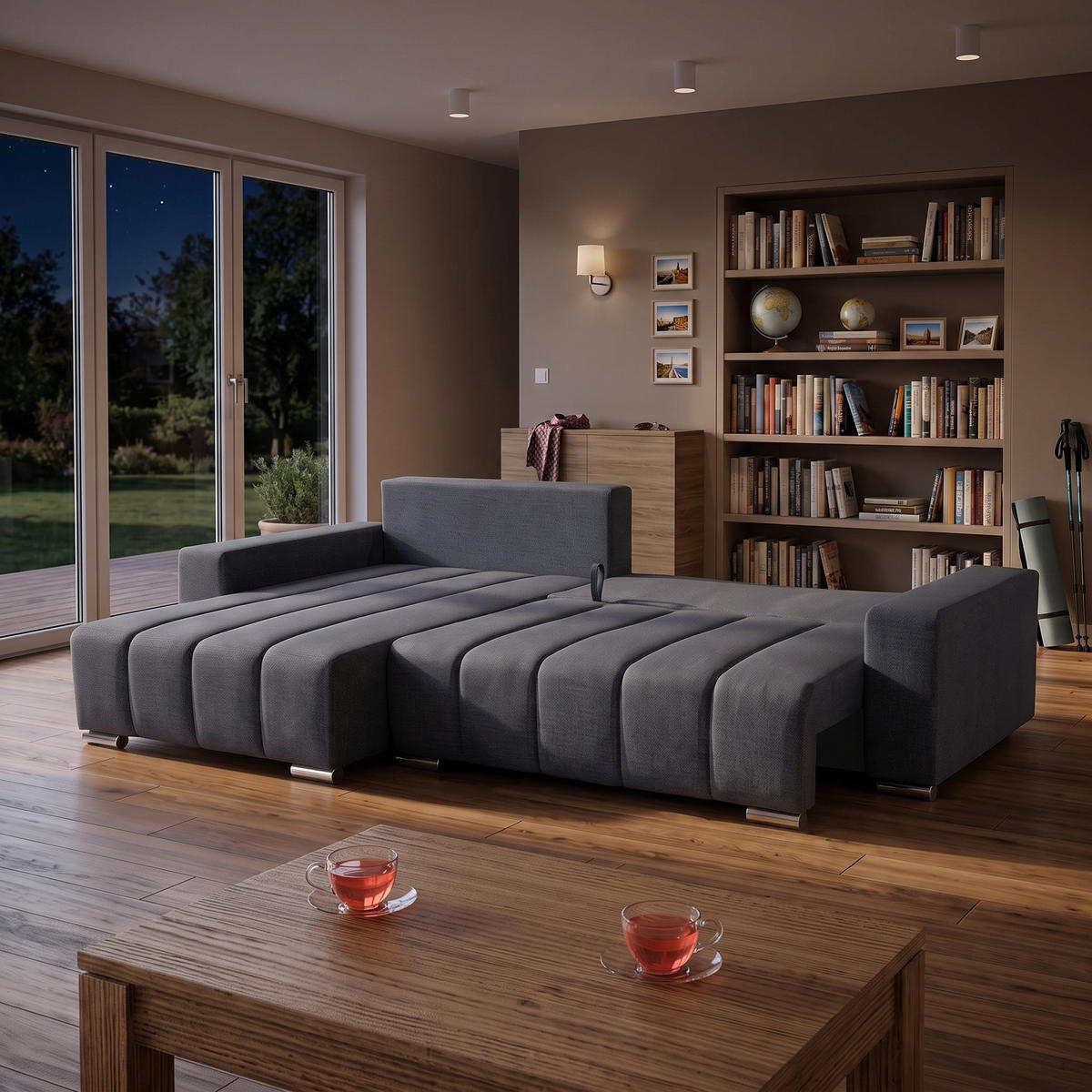 ECKSOFA Piano L Links mit Schlaffunktion 137x234 Velours Dunkelgrau - Dunkelgrau/Silberfarben, Holz/Textil (278/178cm) - NACANAPA
