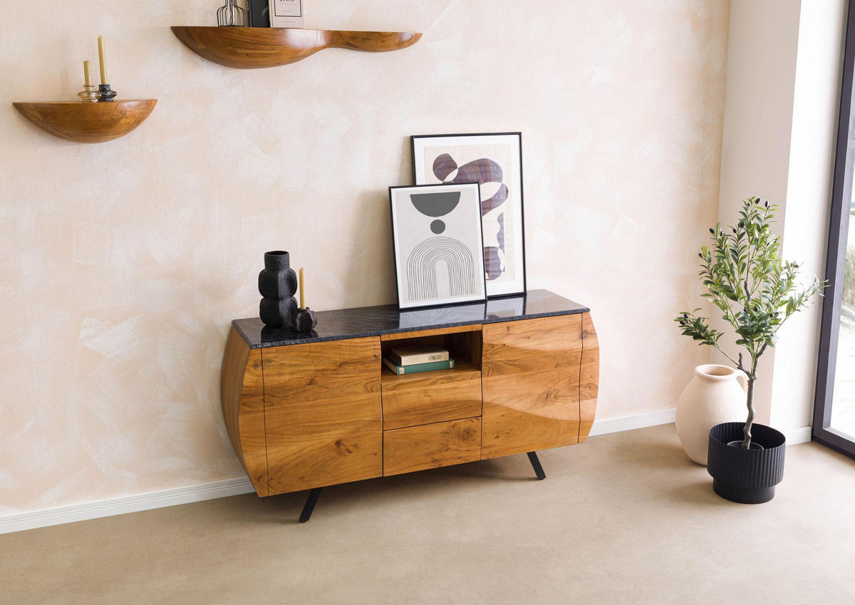 SIDEBOARD Akazie 154x40x75 natur lackiert / Marmor schwarz MONTREAL #125 - Braun, Holz (154/75/40cm) - Massivmoebel24
