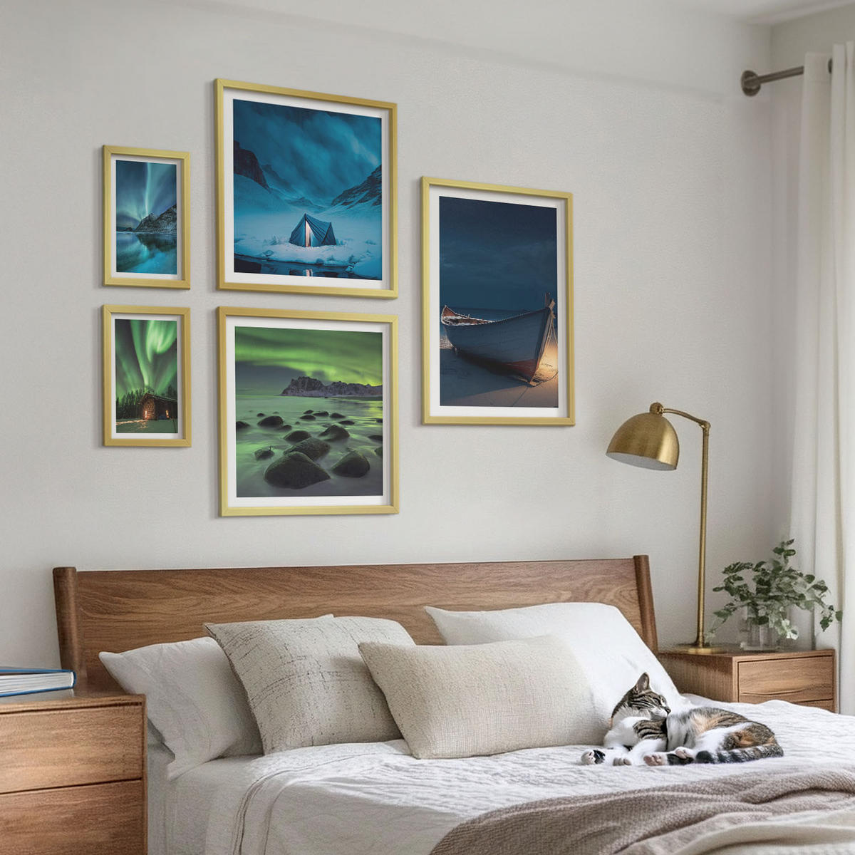 WANDBILDER 5er Set - 50x50 cm & 20x30 cm & 40x60 cm Goldrahmen - Winterlandschaften, Nordlichter, Berge - Goldfarben, Kunststoff (40/60cm) - ArtPrintCave