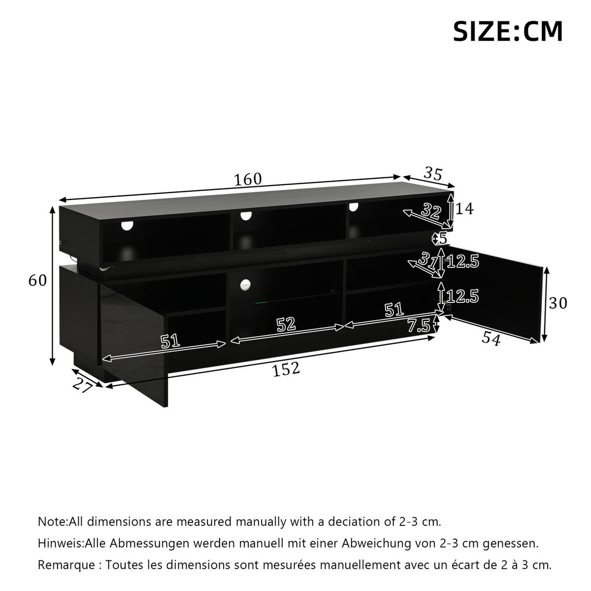 TV-ELEMENT mit LED 160 x 35 x 60 cm MDF Schwarz - Schwarz, Holzwerkstoff (35/60/160cm) - Beauniv