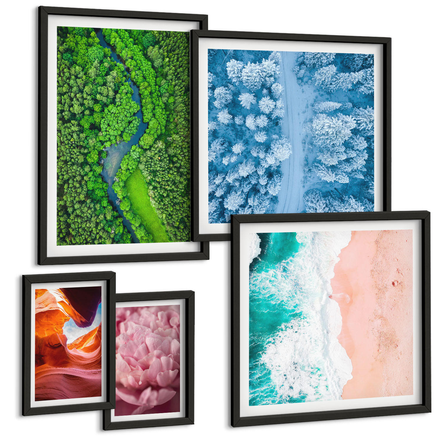 BILDER SET 5er Set - 50x50 cm & 20x30 cm & 40x60 cm Schwarzer Rahmen - Pferde, Bewegung, Strand, Leuchtturm, Berge - Schwarz, Kunststoff (40/60cm) - TULUP