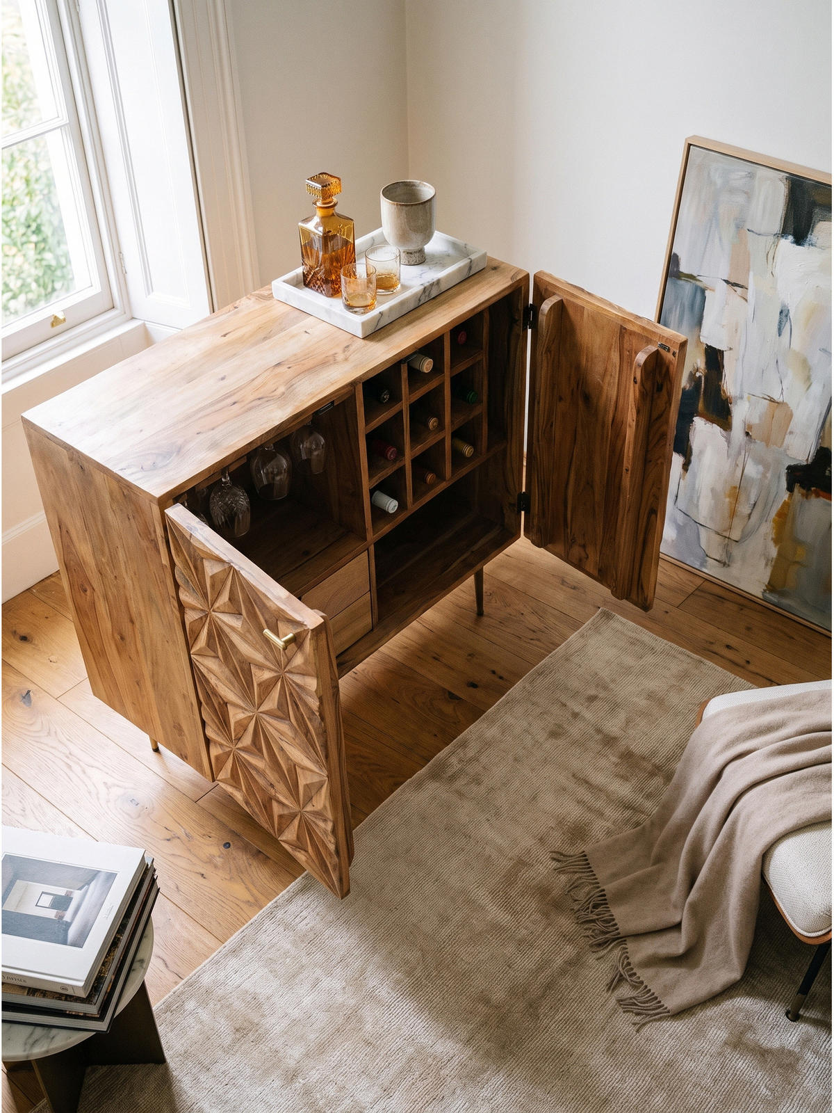 HAUSBAR MERTOLA, Akazie Massivholz, mit Holzstruktur, 90 x 45 x 78 cm - Goldfarben/Akaziefarben, Holz/Metall (90/78/45cm) - KADIMA DESIGN