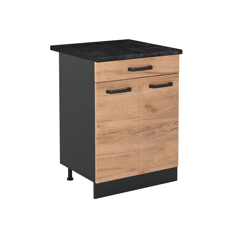 KÖKSUNDERSKÅP R-Line, Goldkraft ek/antracit, 60 cm med låda antracitas stalviršis Honungsek, Antracit 81.6/60/60 cm