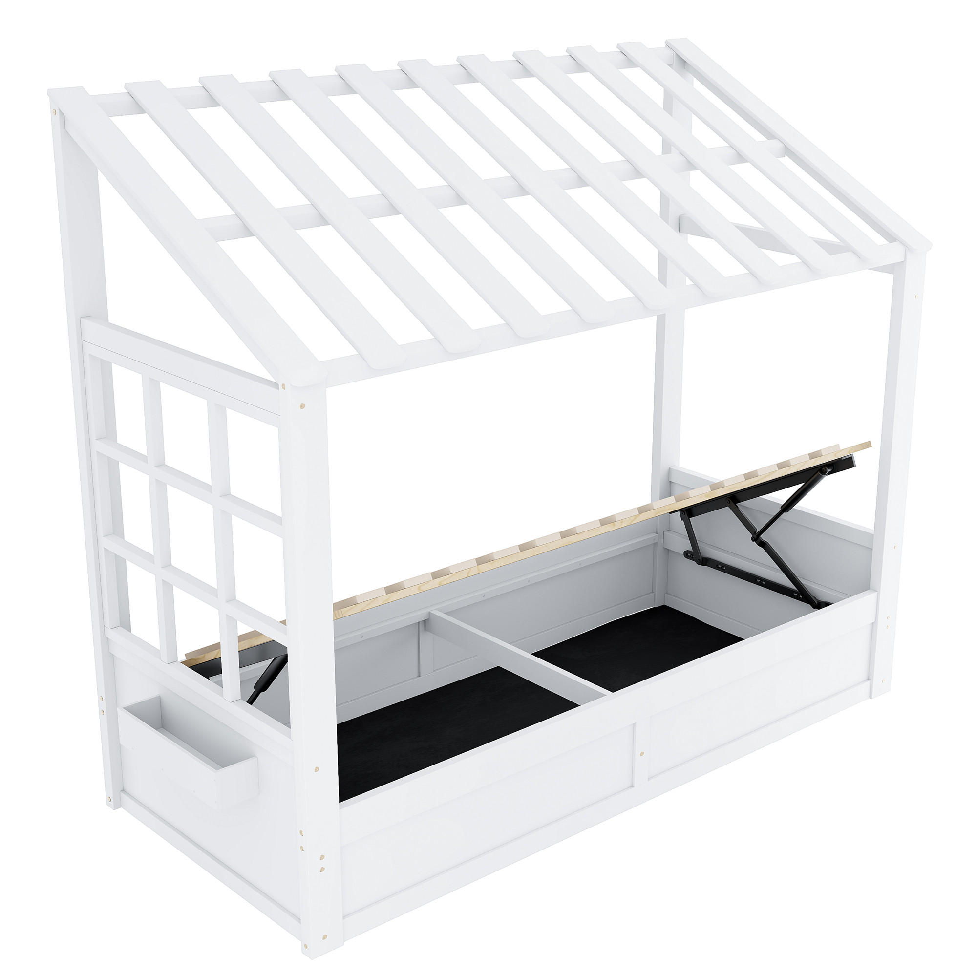 HAUSBETT 90/200 cm mit Dach und hydraulischem Stauraum, DE-41620, in Weiß - Weiß, Holzwerkstoff (90/200cm) - ComfortXL