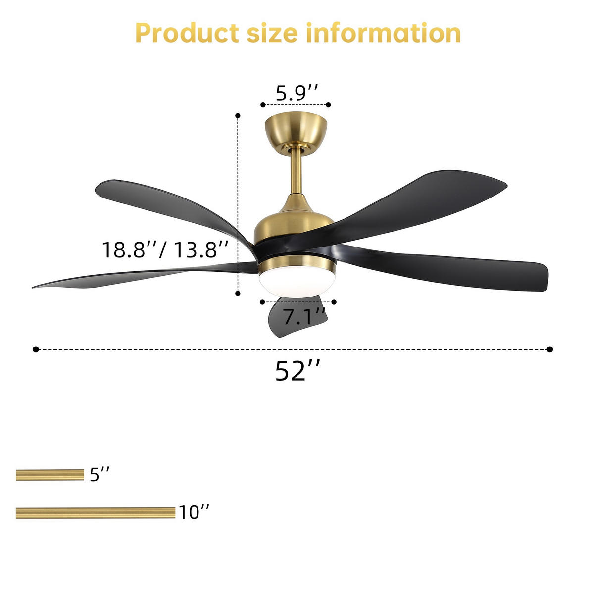 DECKENVENTILATOR 52Zoll LED Licht Dimmbar DC Motor 5 ABS Flügel - Schwarz, Kunststoff (132.08/132.08/26.8cm) - CASIVA