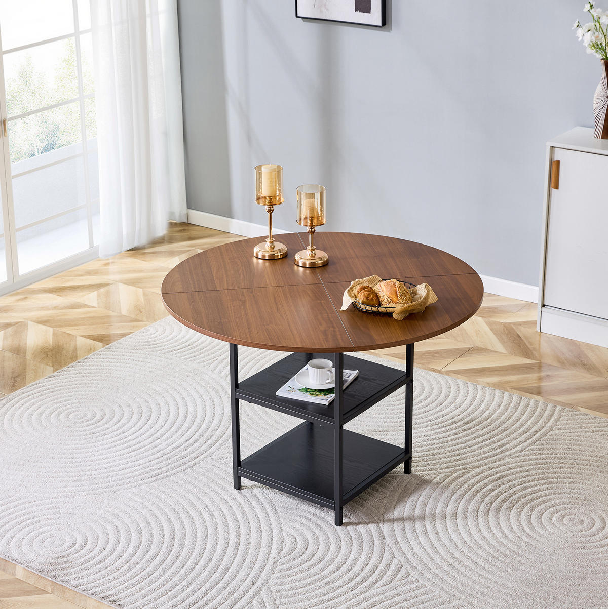 ESSTISCH 107/75 cm Schwarz/Walnuss aus MDF und Metall mit Ablage - Schwarz, Holzwerkstoff (107/107/75cm) - OKMYHOME