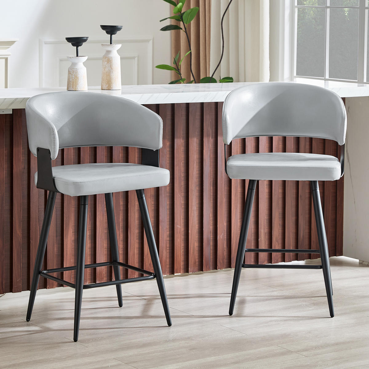 BARHOCKER DE-36675 2er-Set mit Kunstlederbezug und Metallgestell Schwarz - Grau, Metall (47/94.5/46cm) - ComfortXL