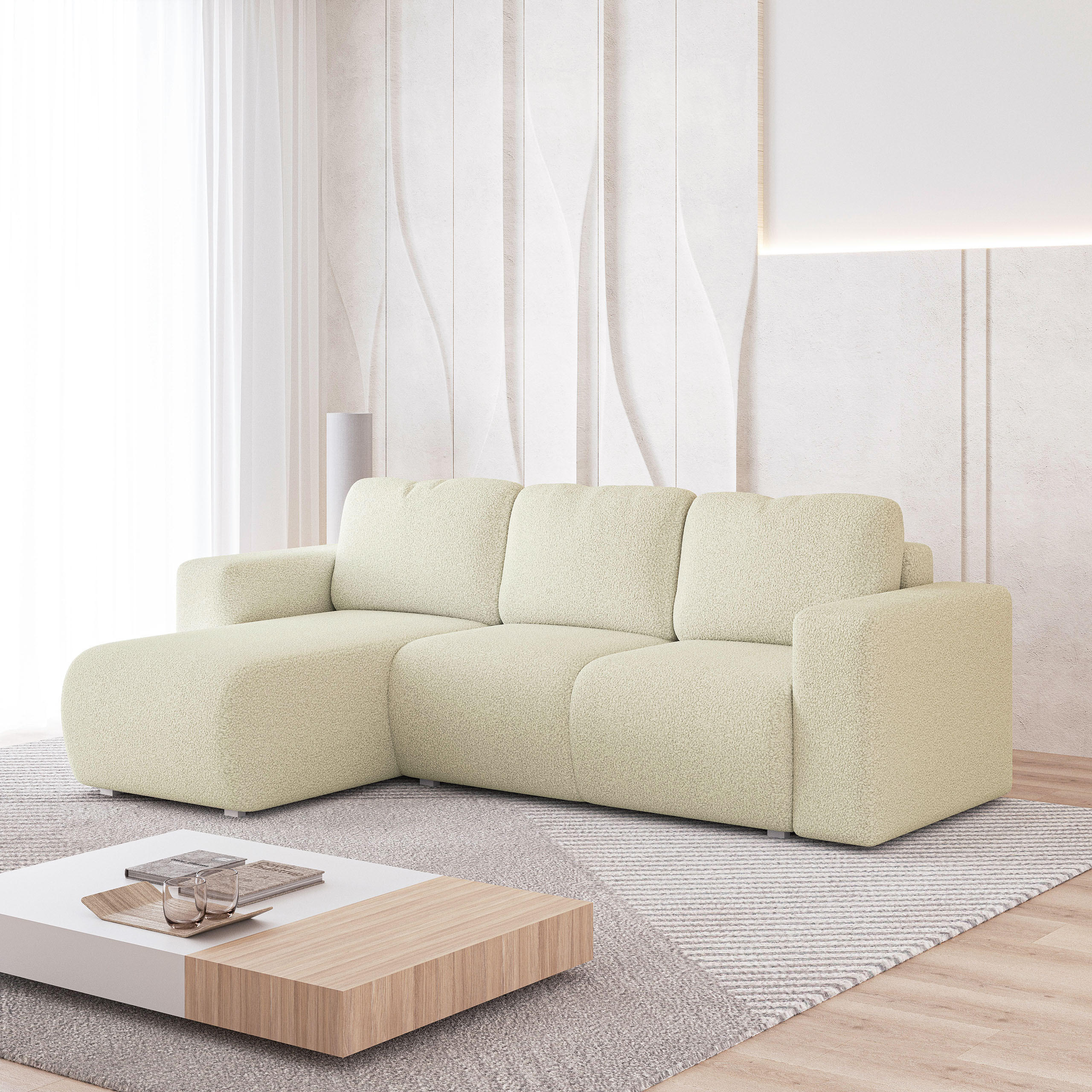 ECKSOFA RINOVA Creme Boucle-Stoff mit Schlaffunktion - Creme, Holz (250/143cm) - MASSENO