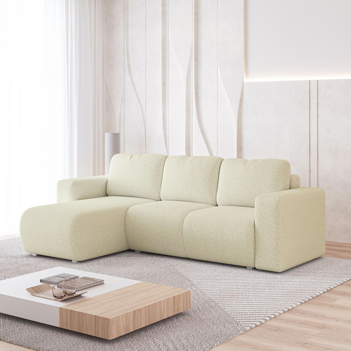 ECKSOFA RINOVA Creme Boucle-Stoff mit Schlaffunktion - Creme, Holz (250/143cm) - MASSENO