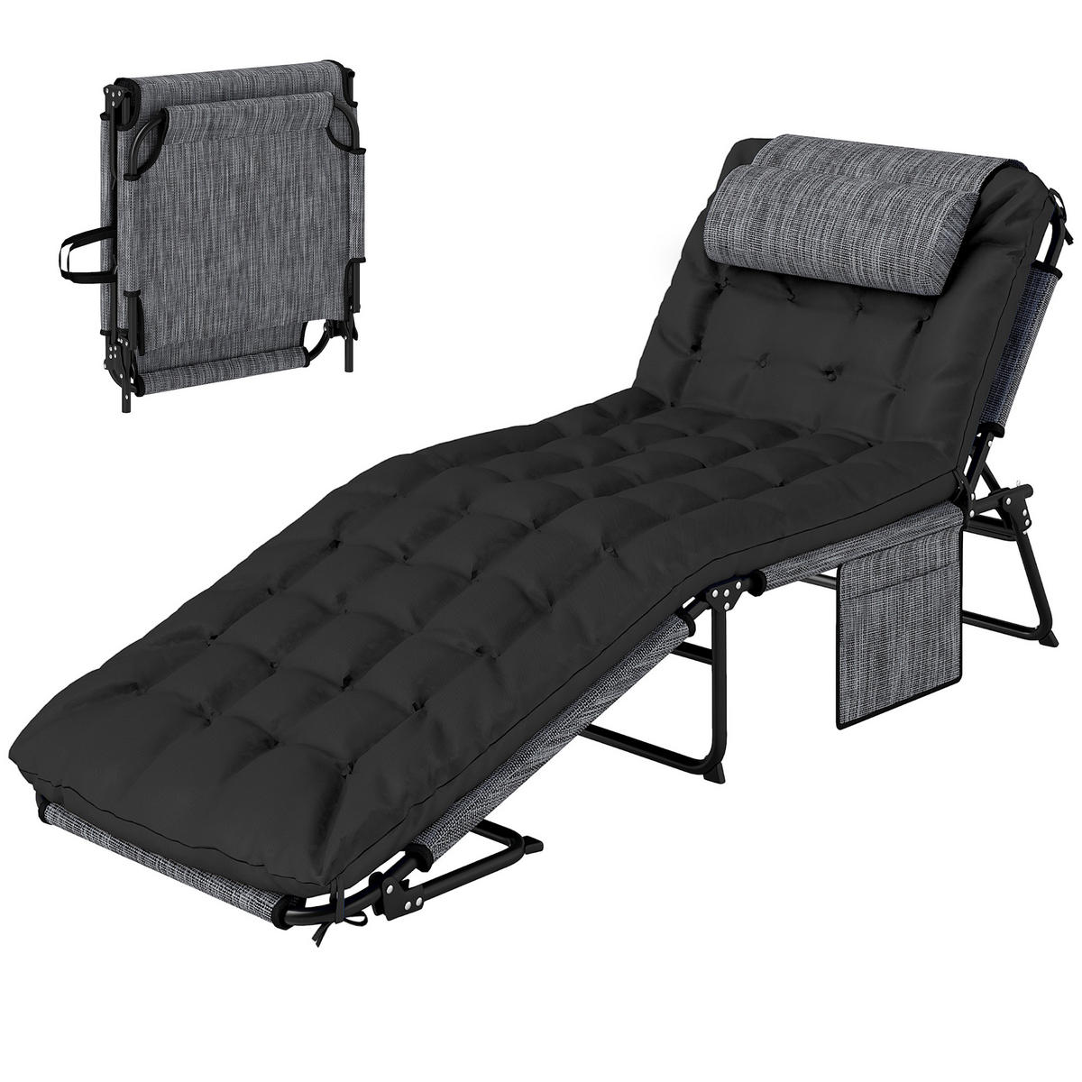 SONNENLIEGE klappbar Gartenliege mit Kopfkissen, Liegestuhl mit 4-Fach verstellbare Rückenlehne Seitentasche Schwarz - Schwarz, Metall (68/30/189cm)