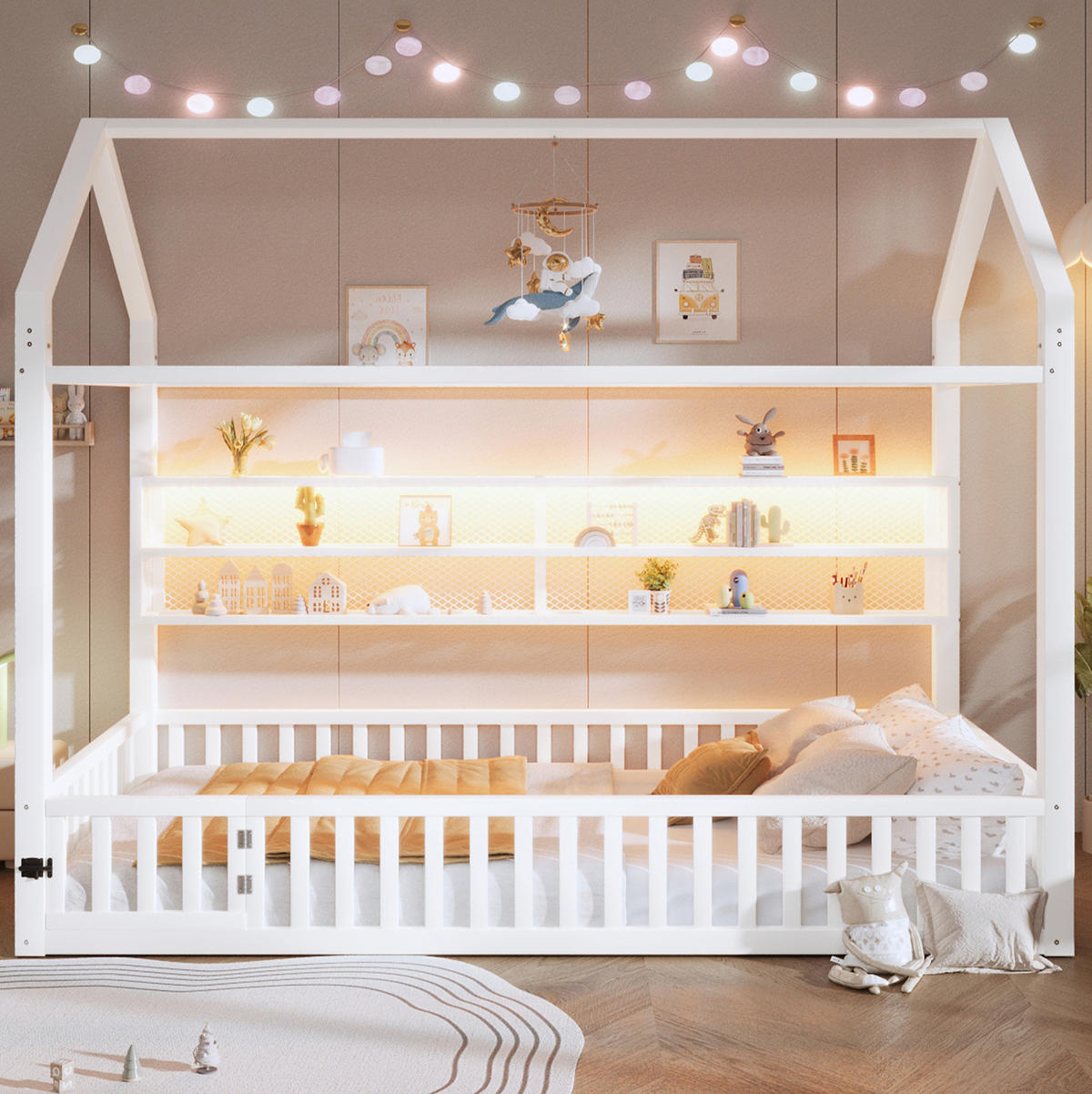 KINDERBETT 90/200 cm mit Sicherheitszaun und LED-Beleuchtung im Hausdesign, Weiß - Weiß, Metall (90/200cm) - Redom