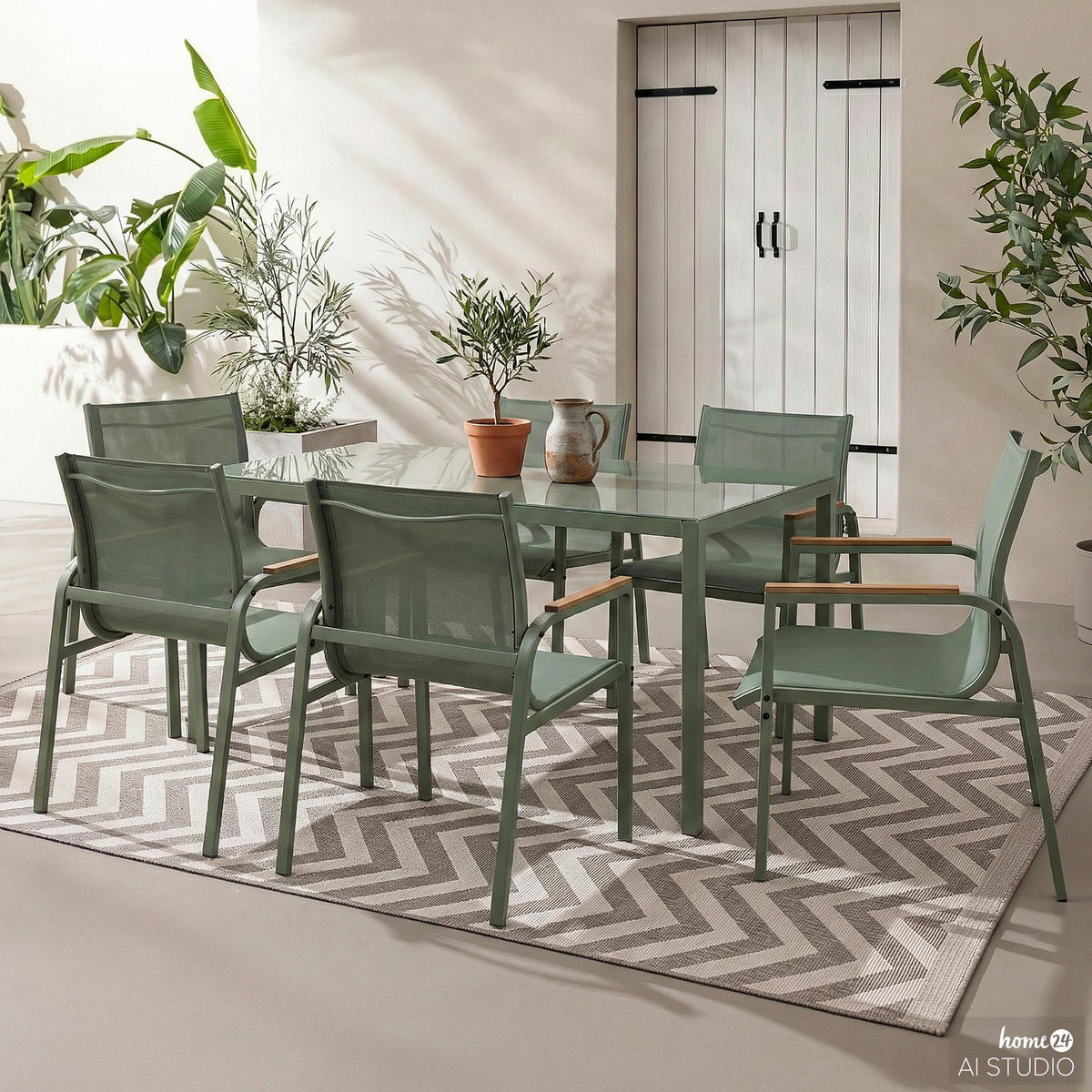 GARTENESSGRUPPE - 7-teilig - Stahl / Glas / Olefin - Salbeigrün, Glas/Textil - home24