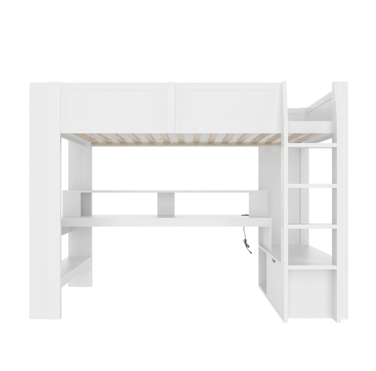 HOCHBETT mit Schreibtisch 90/200 cm in Weiß – mit LED, Regal und Schublade - Weiß, Holz (90/200cm) - BEAOK