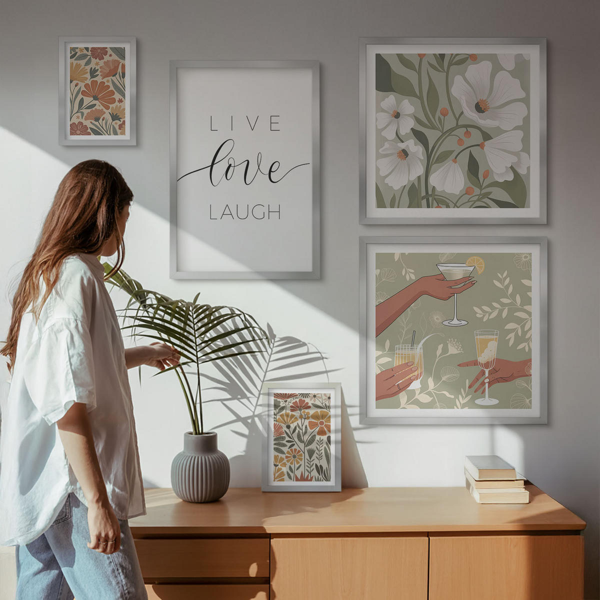 BILDER SET 5er Set - 50x50 cm & 20x30 cm & 40x60 cm Silberner Rahmen - Boho-Pflanzenmuster - Silberfarben, Kunststoff (40/60cm) - TULUP