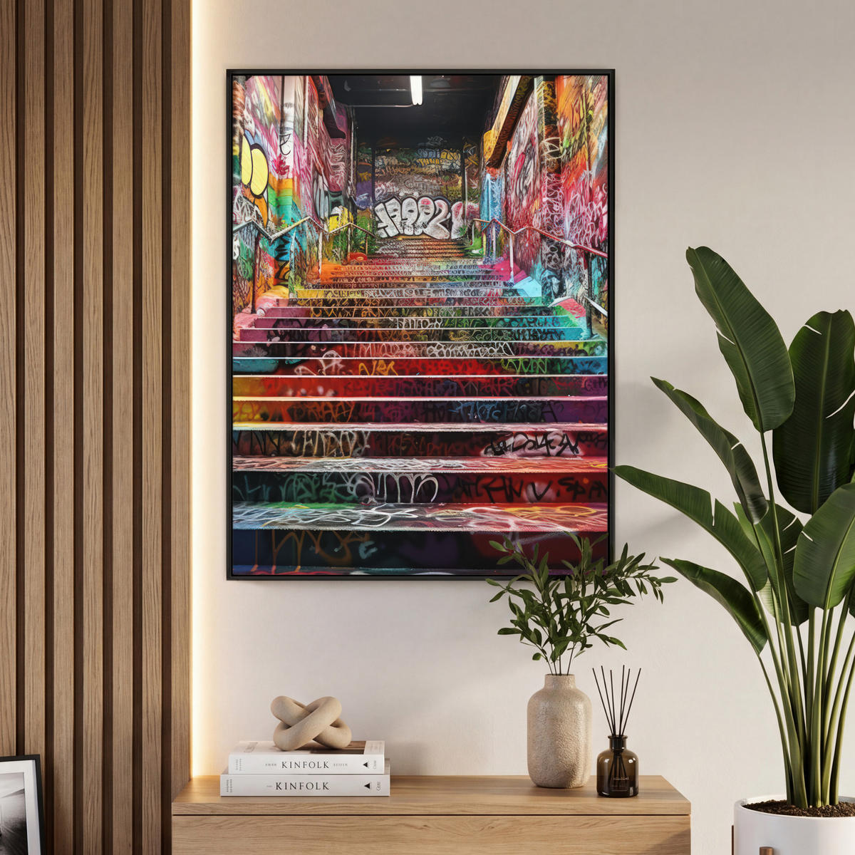 LEINWAND Bilder mit Rahmen - Treppe - Graffiti - Farben - Kunst - 70x100 - Multicolor, Textil (70/100cm) - MuchoWow