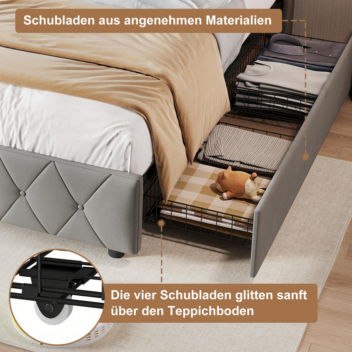 POLSTERBETT 90x200 cm mit 2 Schubladen, LED, USB & Type-C, Einzelbett Kopfteil und Lattenrost, Grau - Grau, Metall (90/200cm) - EuroLiving