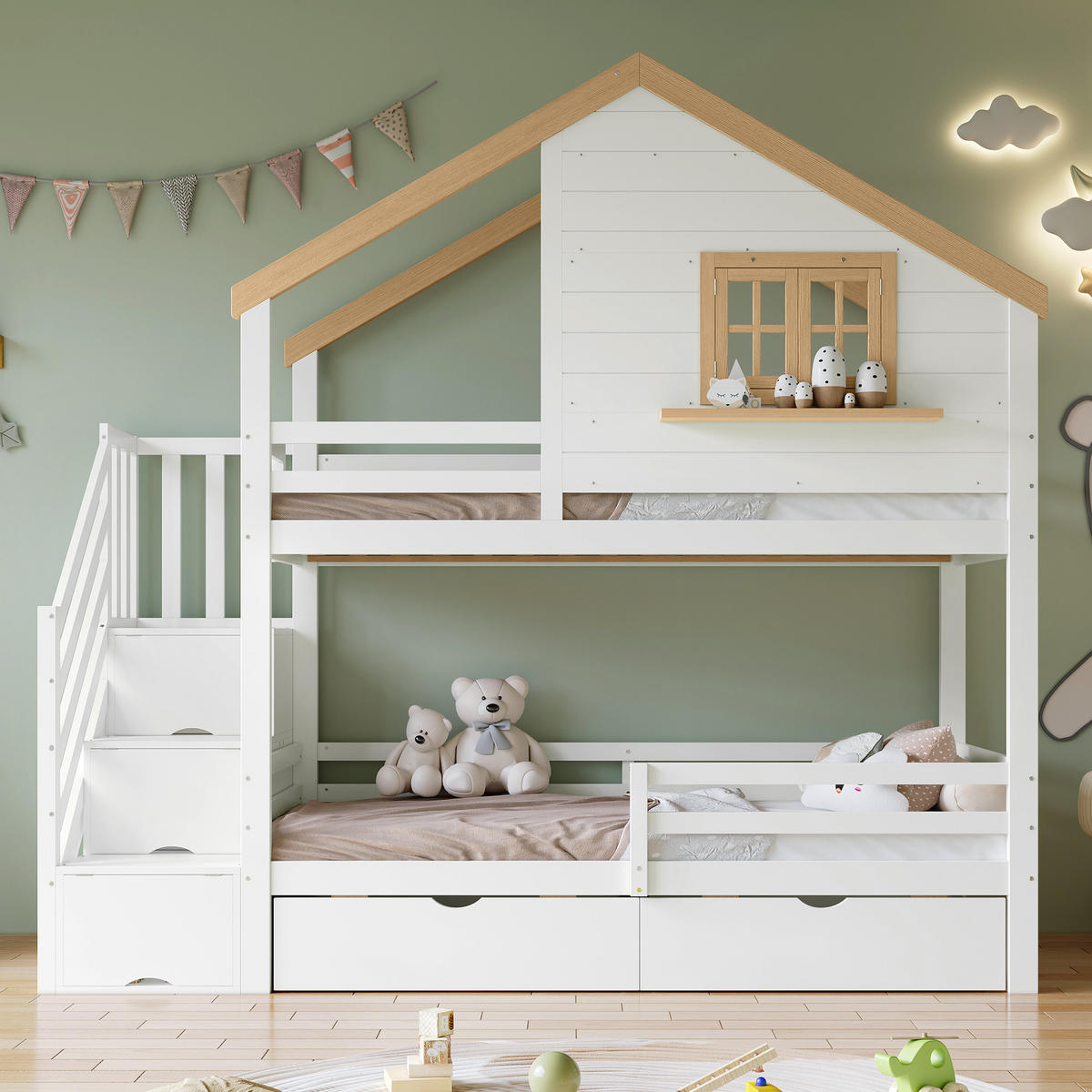 ETAGENBETT 90x200 cm Haus Treppe weiß - Weiß, Holz (90/200cm) - LEBENLANG