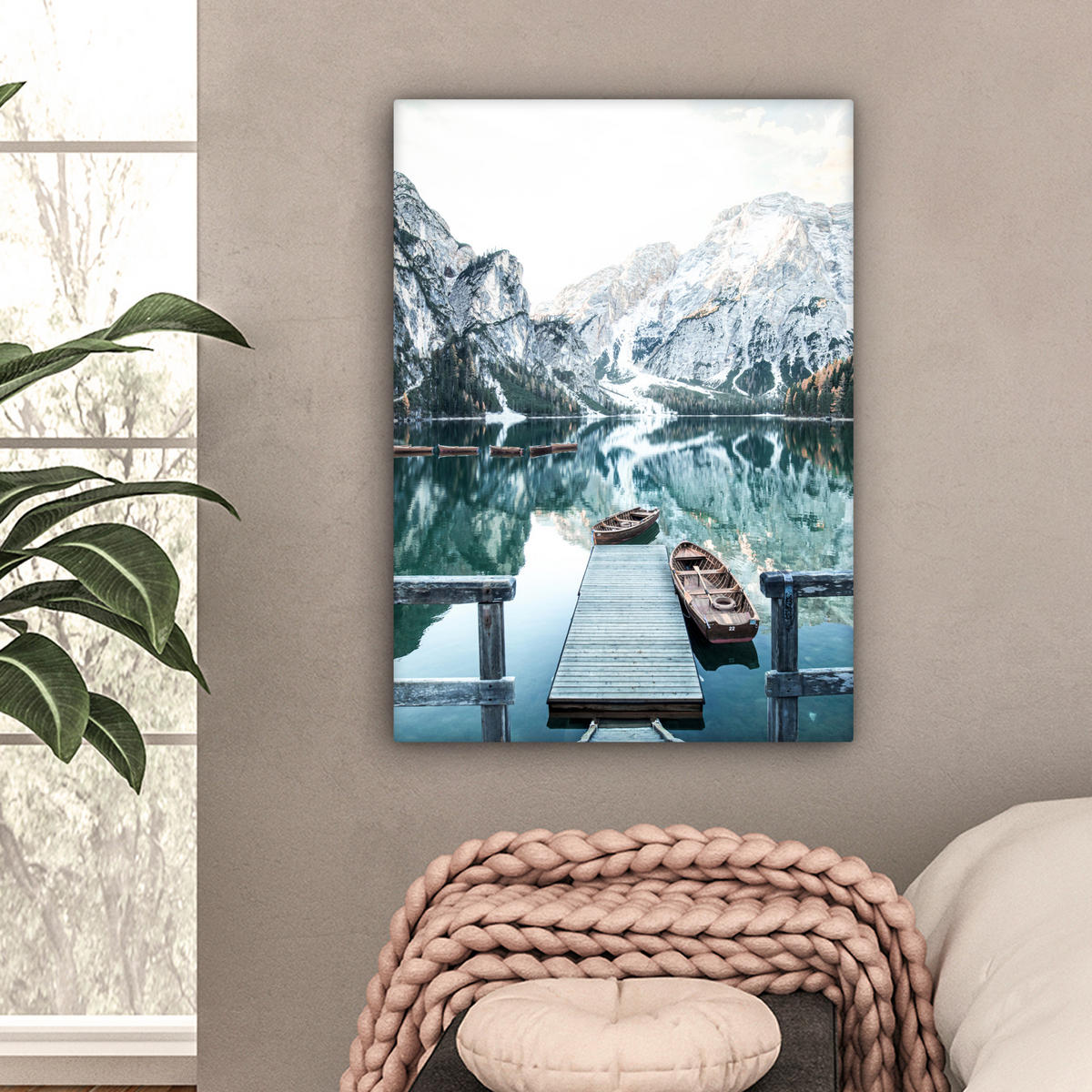 LEINWANDBILD Natur - Berge - Schnee - Wald - Boot 60x80 cm - Hellgrün, Textil (60/80cm) - MuchoWow