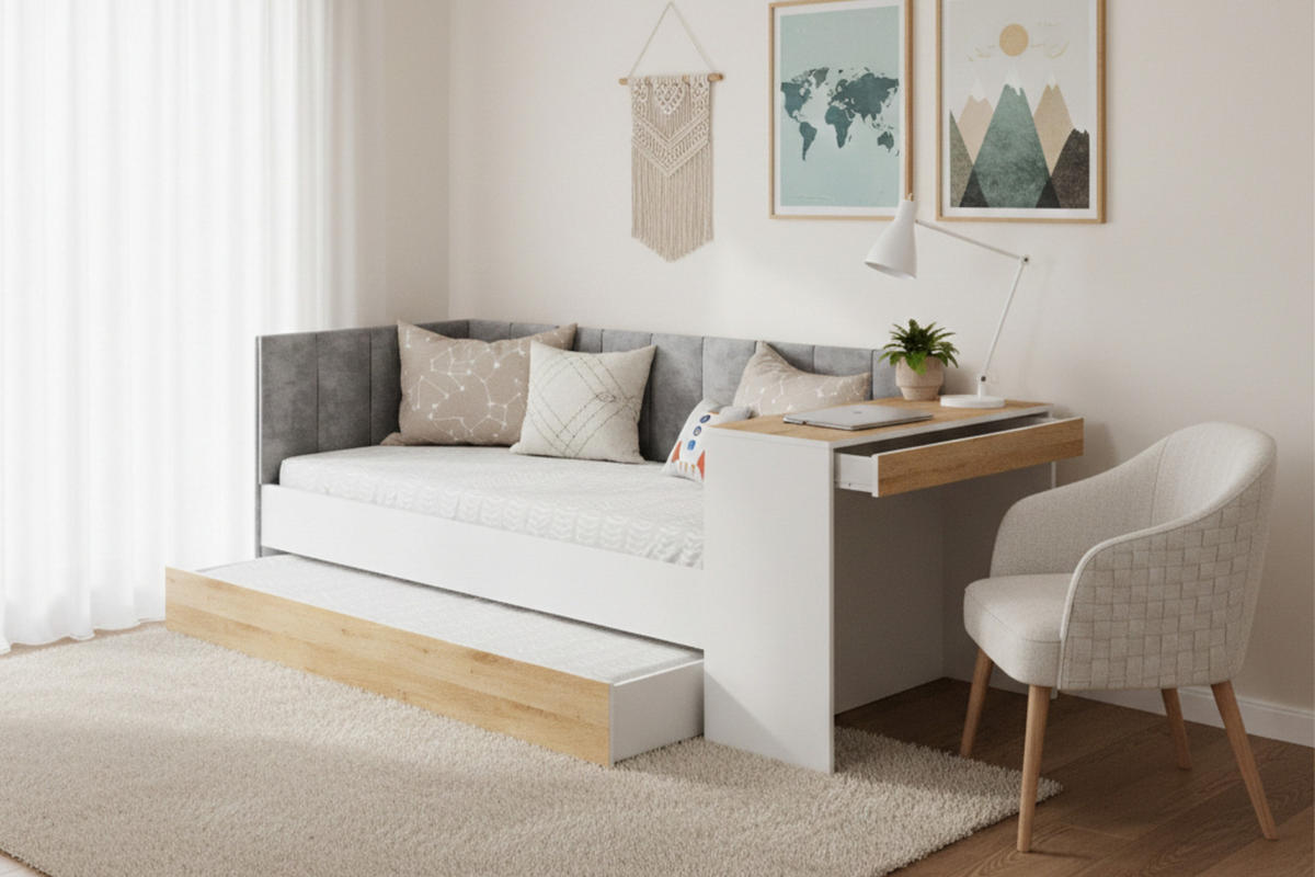 JUGENDBETT FABIAN 90/200 cm in Weiß/Eiche Gold links - Erlefarben/Weiß, Holzwerkstoff/Textil (90/200cm) - Deine Möbel 24