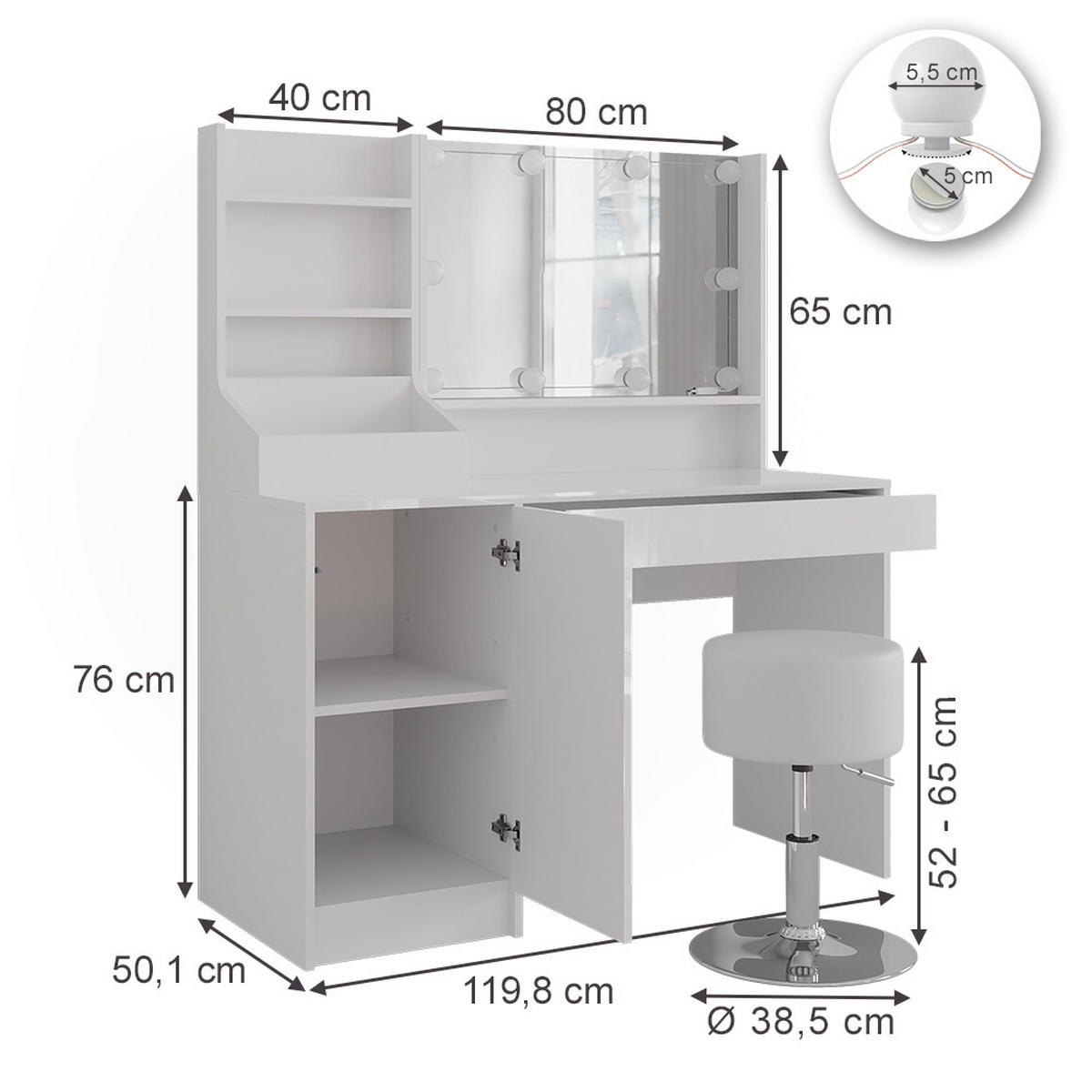 SCHMINKTISCH Sherry Weiß/Weiß Hochglanz 119.8 cm 5 Teile - Weiß Hochglanz, Holzwerkstoff (119.8/76/50.1cm) - Vicco