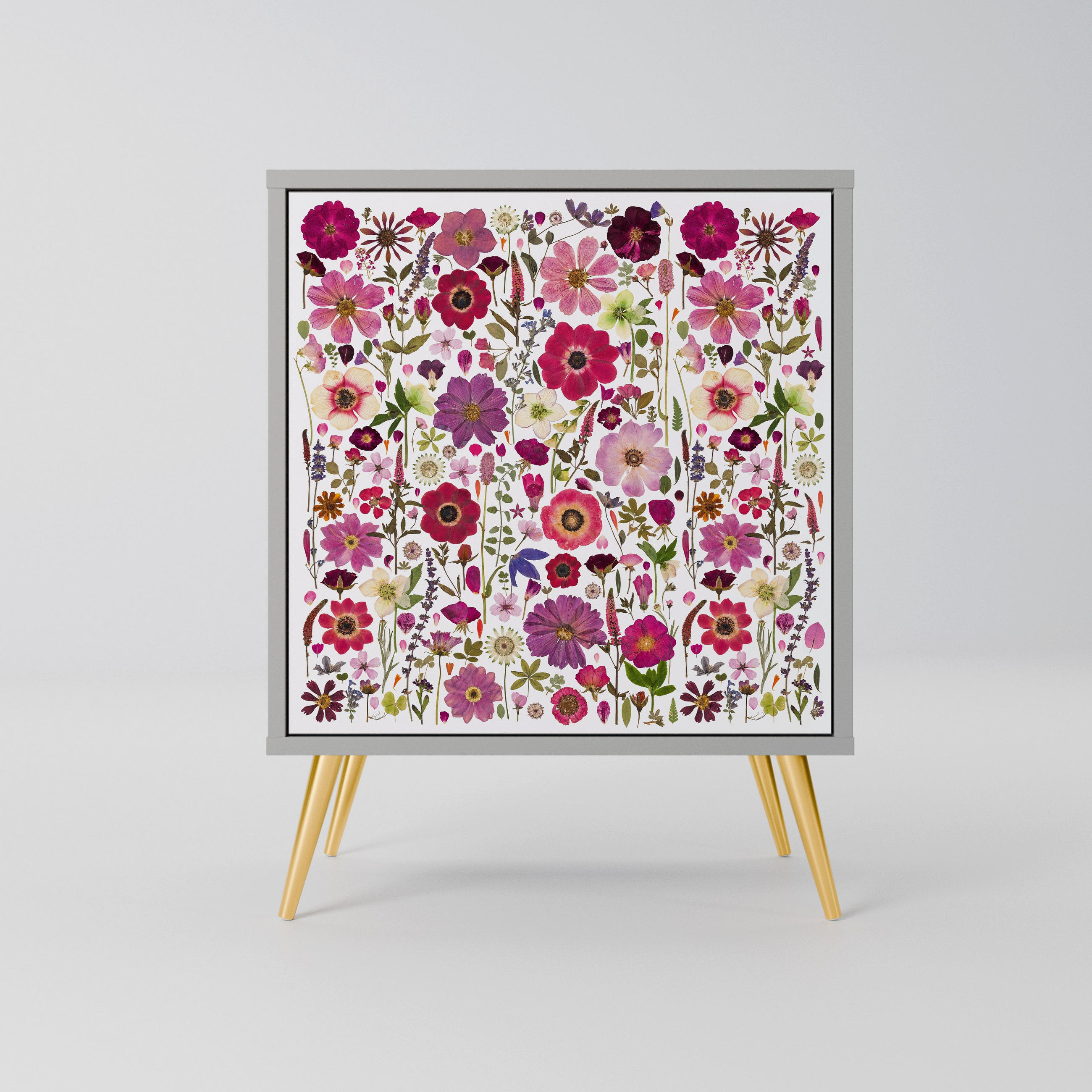 SIDEBOARD PETAL GARDEN, Grau, 57,5x42x75,5 cm, Goldfarbene Metallfüße - Goldfarben/Multicolor, Holzwerkstoff/Metall (57.5/75.5/42cm) - SpaceRebels