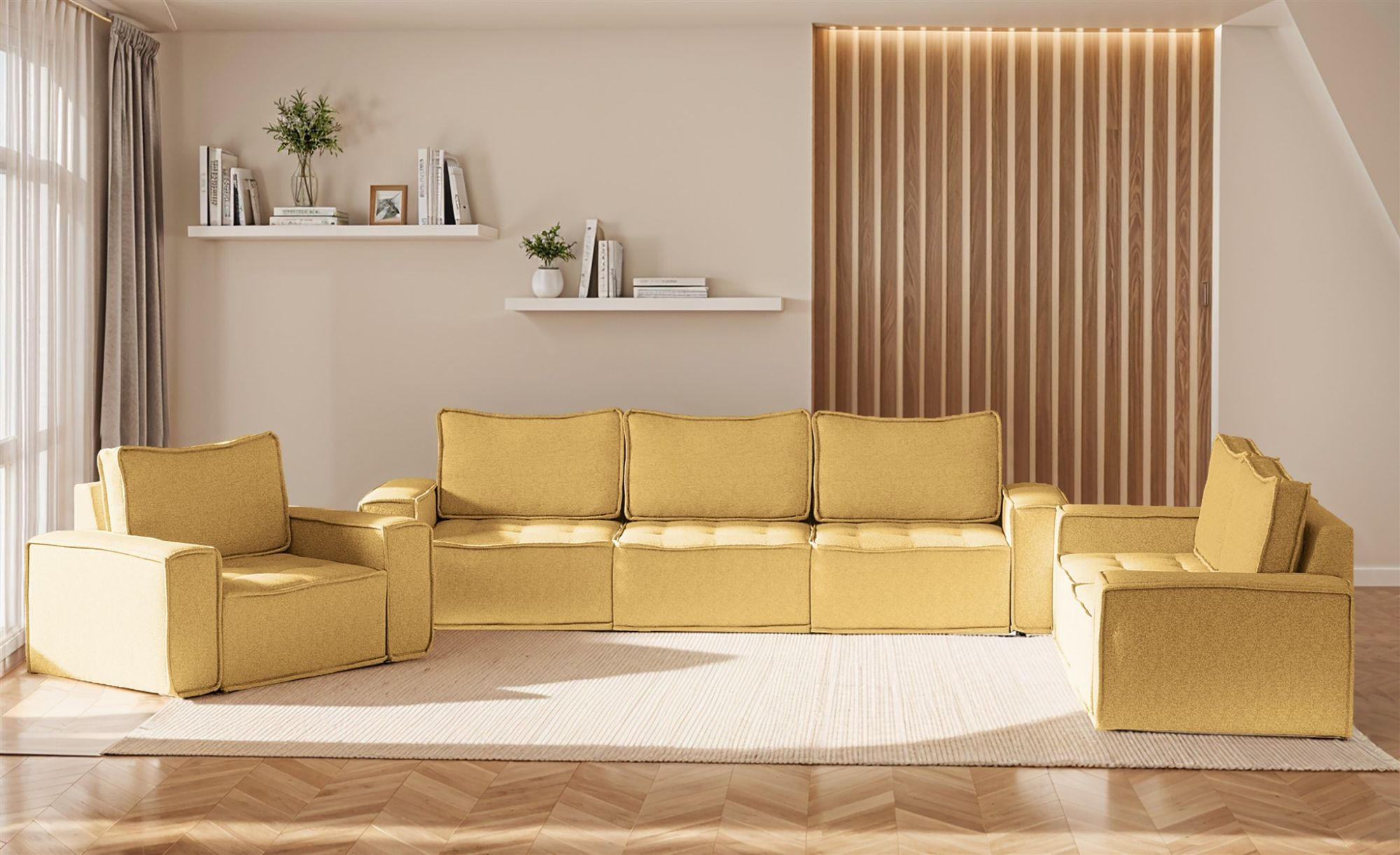 SOFASET Sande 3-2-1 In Raven - Gelb, Holzwerkstoff/Textil (292/85/90cm) - Fun Möbel