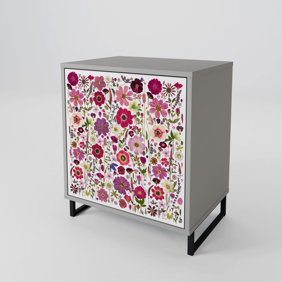 SIDEBOARD PETAL GARDEN, Grau, 57,5x42x77,5 cm, Schräge Buchenholzfüße - Buchefarben/Multicolor, Holzwerkstoff/Buchenholz (57.5/77.5/42cm) - SpaceRebels