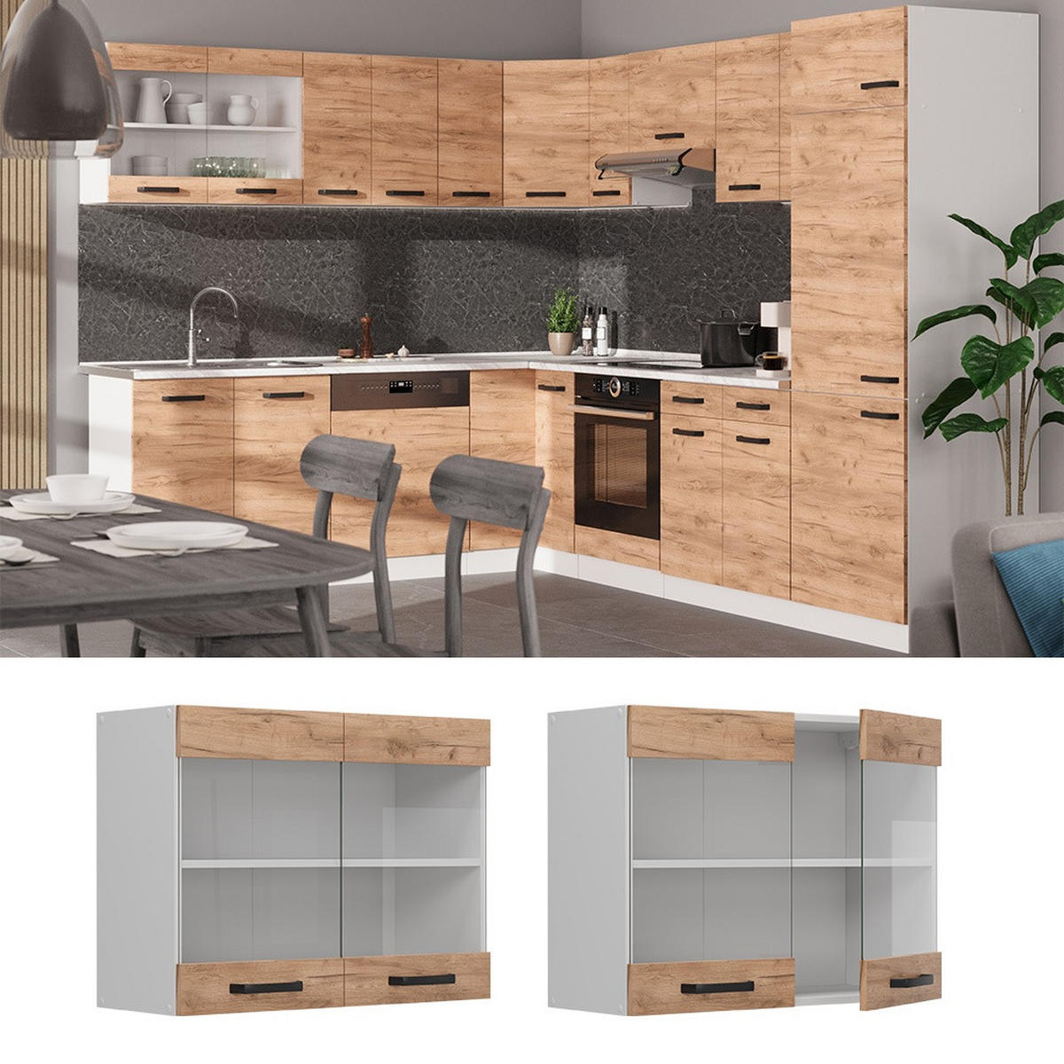 KÖKSGLASSKÅP R-Line Goldkraft ek 80 cm - Vit/Honungsek, Träbaserade material (80/60/31cm) - Vicco