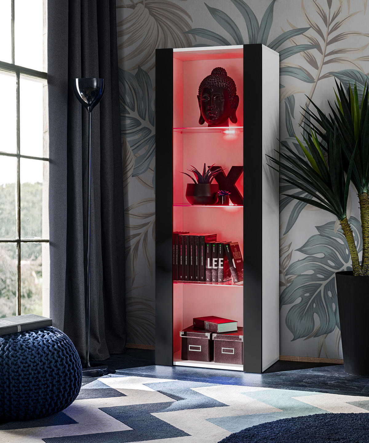 VITRINE TIVOLI, Weiß + Schwarz, LED Mehrfarbige - Schwarz/Weiß, Glas/Holzwerkstoff (55/159/35cm) - Komodee