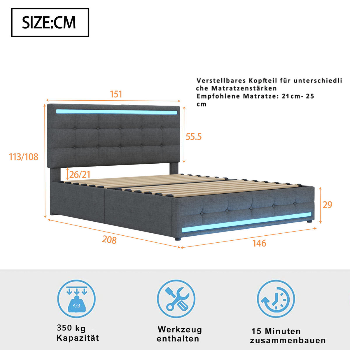 POLSTERBETT 140/200 cm grau mit LED-Beleuchtung und 4 Schubladen - Grau, Textil (140/200cm) - OKWISH