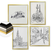 WANDBILDER 4er Set - 50x50 cm & 40x60 cm Goldrahmen - Einfache Zeichnungen von Stadtansichten - Goldfarben, Kunststoff (50/50cm) - ArtPrintCave