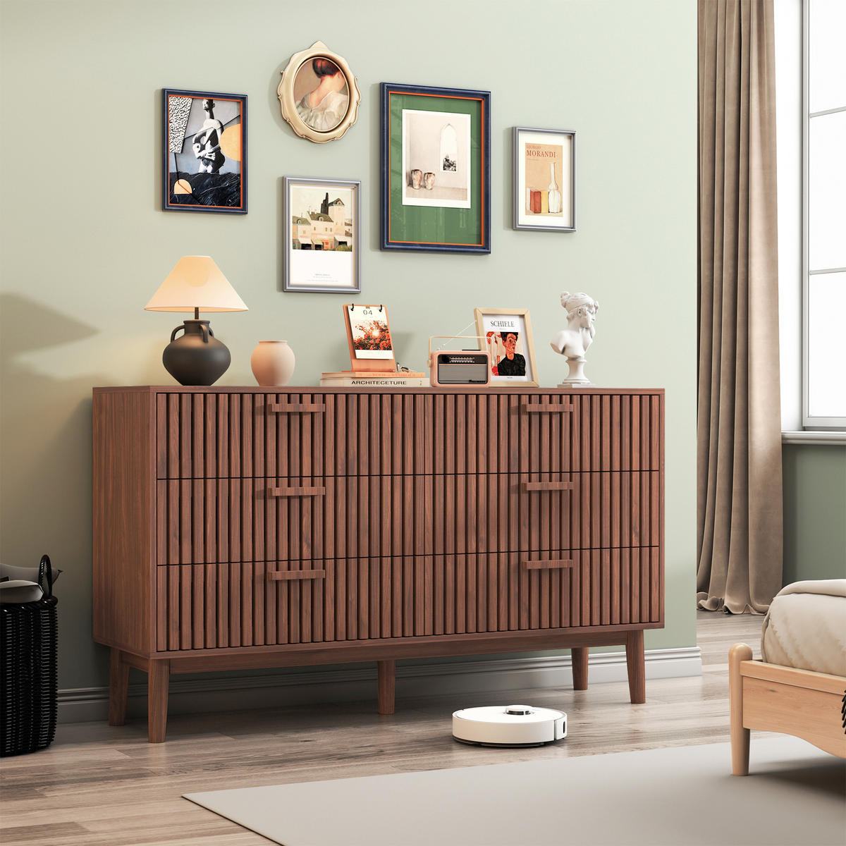 KOMMODE 6 Schubladen, Nussbaum, modern, vertikale Rillen, Wohnzimmer/Flur/Esszimmer - Nussbaumfarben, Holz (100/73/34cm) - EuroLiving