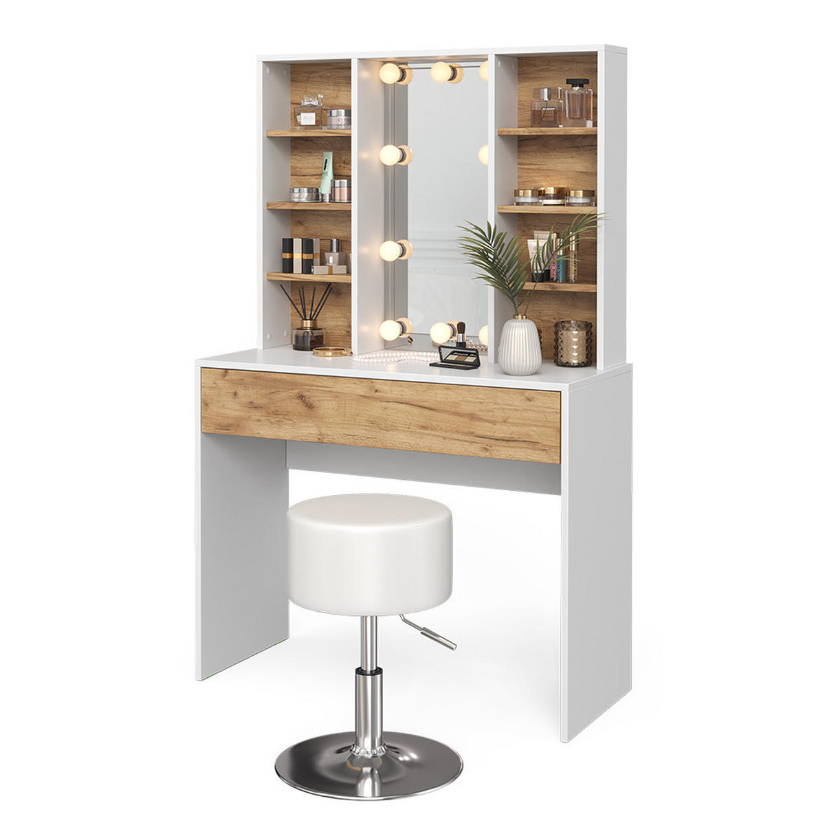 SCHMINKTISCH Alexa Goldkraft Eiche/Weiß 93 cm mit LED Beleuchtung und Hocker - Honigeiche/Weiß, Holzwerkstoff (93/147/40cm) - Vicco