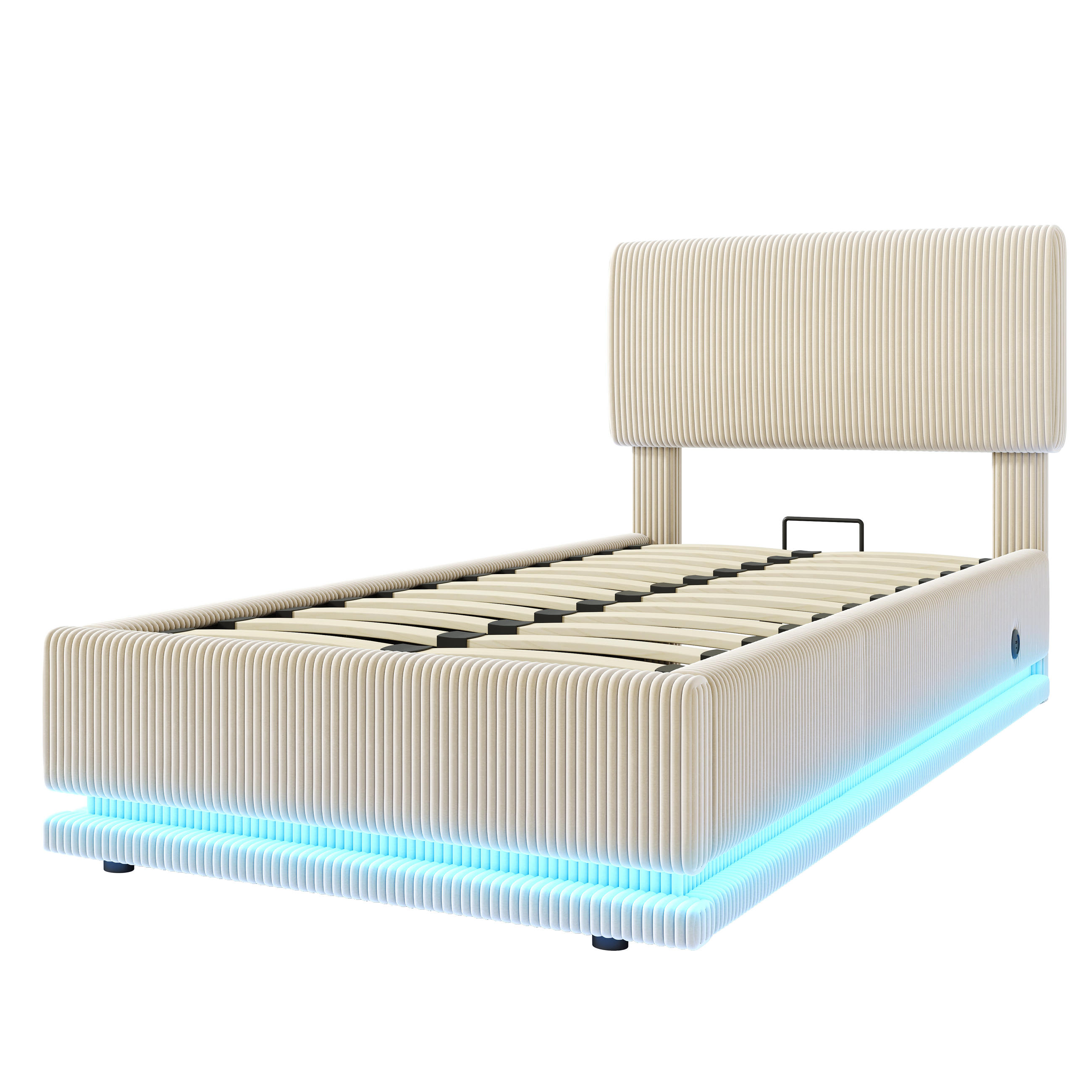 STAURAUMBETT 90/200 cm DE-03624, mit LED, höhenverstellbarem Kopfteil und Cord-Stoff, in Beige - Beige, Metall (90/200cm) - ComfortXL