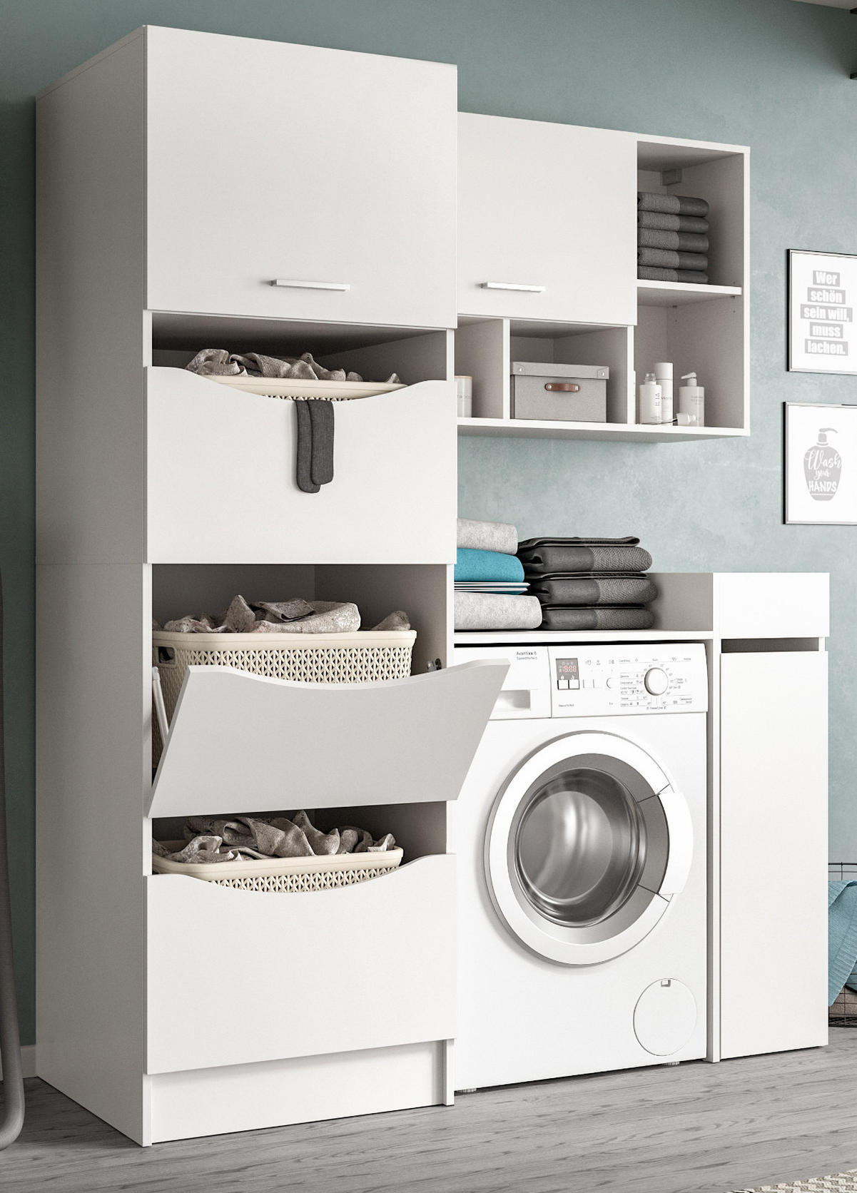 WASCHMASCHINENSCHRANK weiß Set 4-teilig, Waschmaschinenumbau 155 cm mit viel Stauraum - Silberfarben/Weiß, Glas/Holzwerkstoff (155/196/68cm) - Inn.Furn