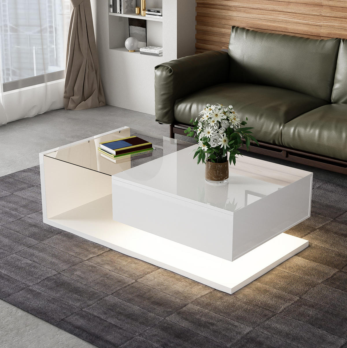 COUCHTISCH 105/55/32,5 cm hochglänzend weiß mit Glasplatte und LED-Beleuchtung - Weiß, Holzwerkstoff (105/55/32.5cm) - OKWISH