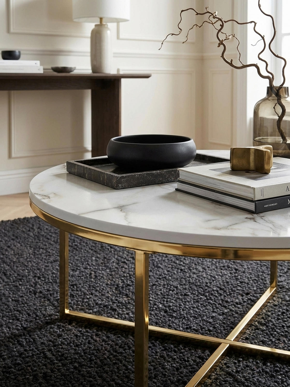COUCHTISCH mit Marmor-Optik und Hochglanz-Finish, rund, Weiß 80x80x35 cm - Goldfarben/Weiß, Holz/Metall (80/80/35cm) - KADIMA DESIGN