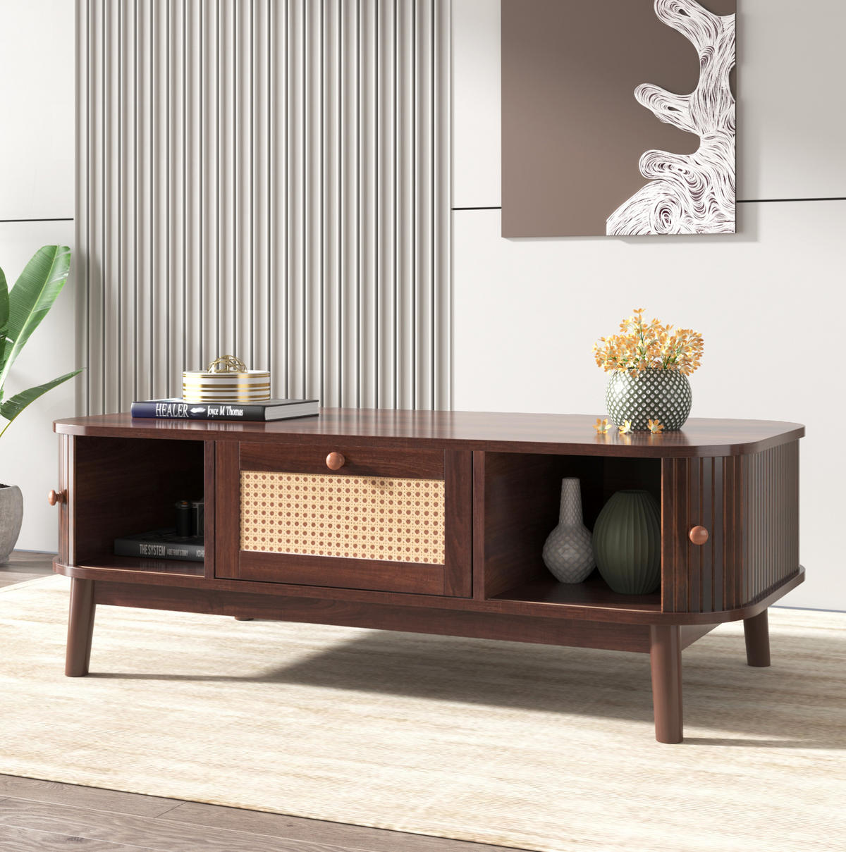COUCHTISCH 110/55/38,5 cm mit Rattan und Schiebetüren in Natur - Naturfarben, Holzwerkstoff (110/55/38.5cm) - Flora Grace