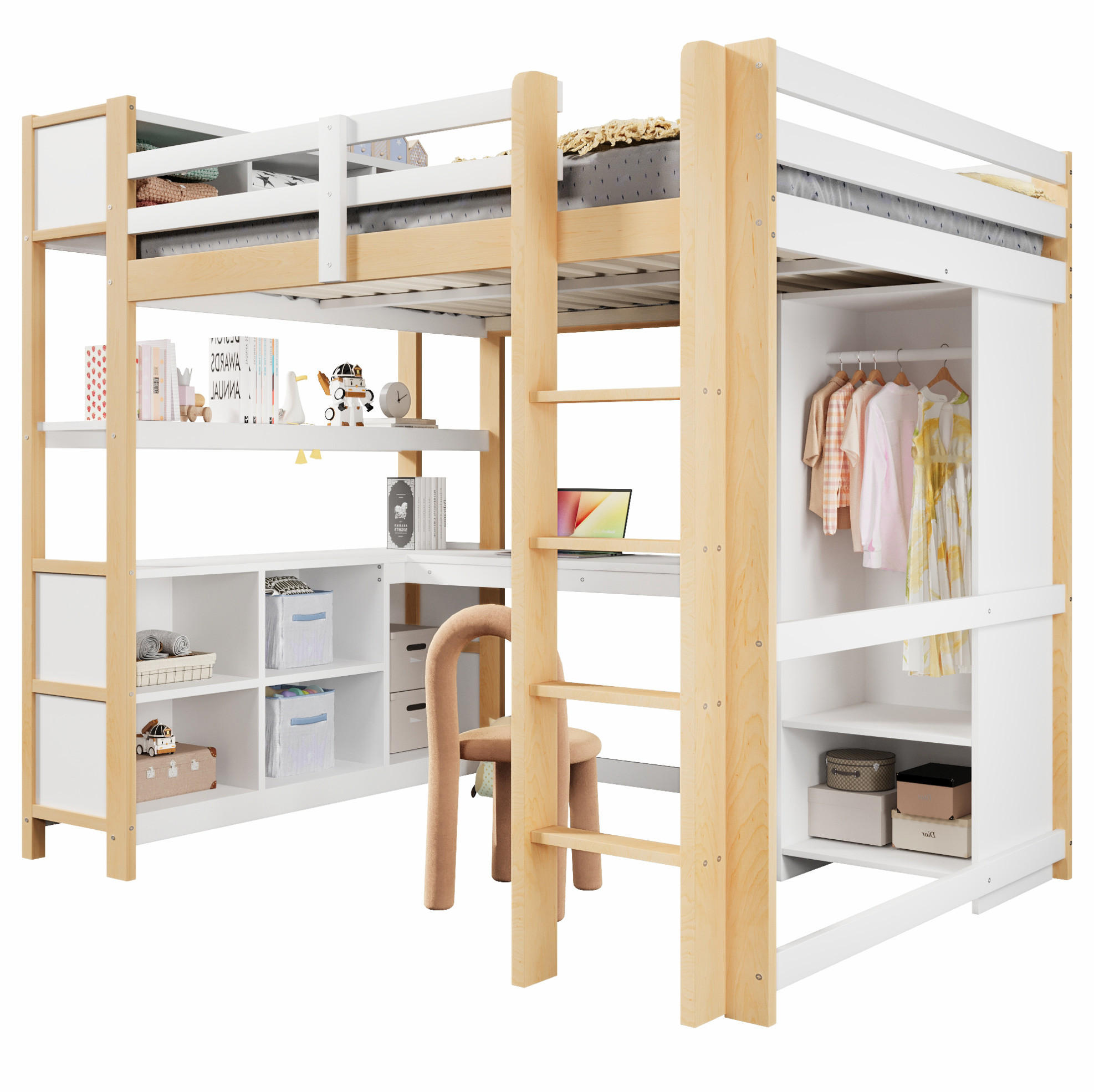 HOCHBETT 140/200 cm Weiß/Natur aus Kiefernholz mit Schreibtisch und Schrank - Naturfarben, Holzwerkstoff (140/200cm) - OKWISH