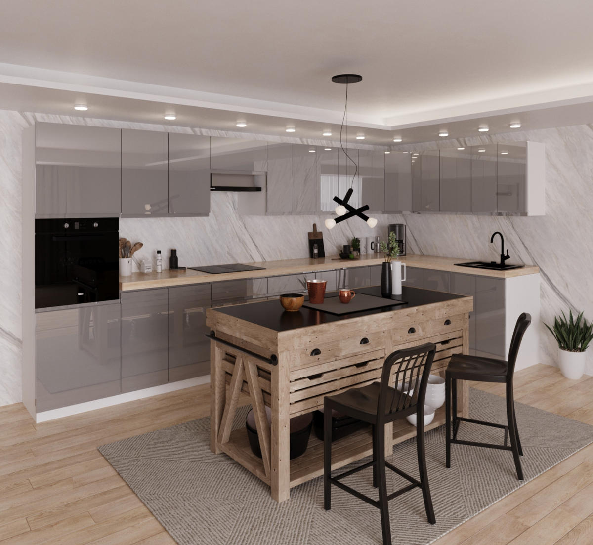 WINKELKÜCHE 420 cm x 200 cm - Aspen KA8-M420 - in Grau/Hochglanz - Grau, Holz/Holzwerkstoff (620/212/58cm)