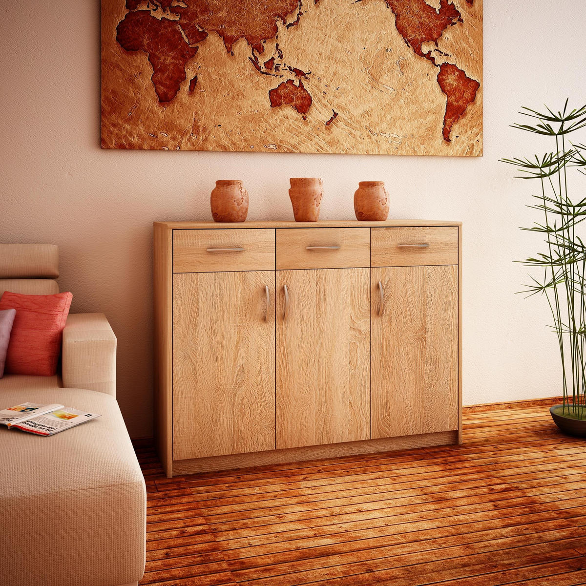 KOMMODE 3D3S Sonoma Eiche 110/35/85 cm Sideboard - Sonoma Eiche, Holzwerkstoff (110/85/35cm) - Matkam Möbel