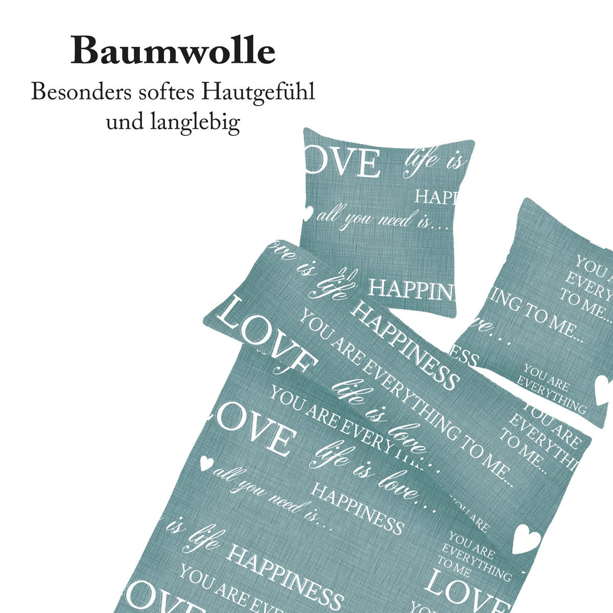 BETTWÄSCHE - Renforce Love Happiness 135x200cm - Türkis, Textil (135/200cm) - Bestlivings